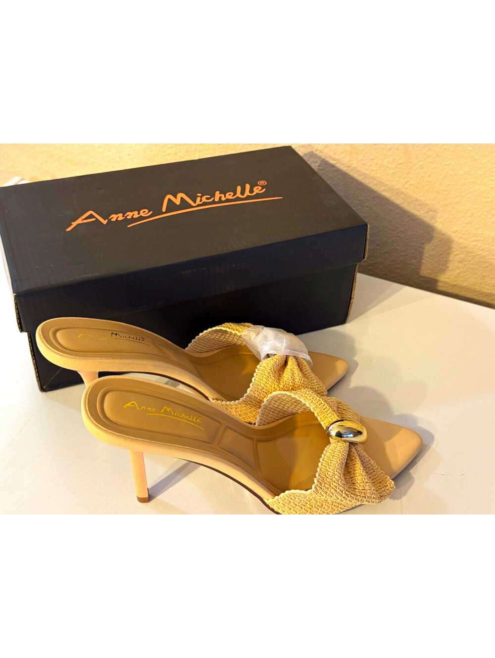 Anne Michelle Tracy Raffia Woven Knot Mule Heels Nude Women 8M New Box